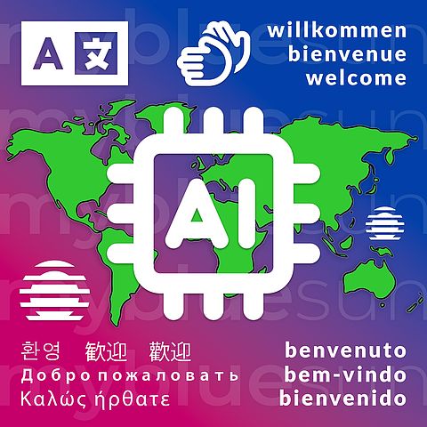 Illustration of a world map with AI chip and multilingual greetings - symbolic image for automated translations on websites.