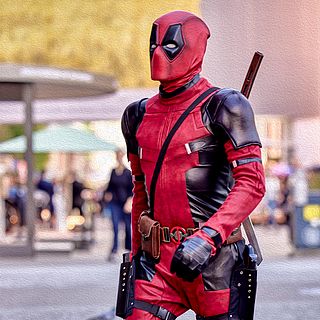 Deadpool cosplayer posing in front of Messe Basel – a humorous eye-catcher before the event, captured by the Bluesun photo team.