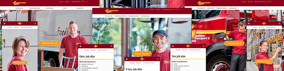 Collage with screenshots of the Galliker websites - individual web solutions for corporate site, intranet, extranet, webshop and campaigns of Galliker Transport AG, implemented by Bluesun.