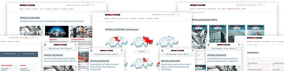 Collage de captures d'écran du site web de SPEDLOGSWISS avec portail web, boutique et applications individuelles, conçu par BLUESUN