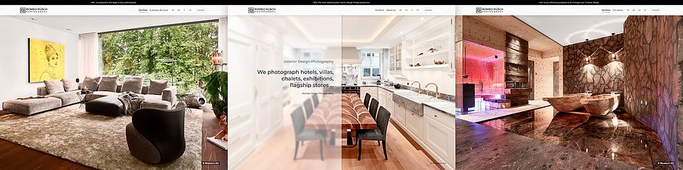 Collage de webdesign pour Romeo Rüsch - site web de haute qualité pour présenter ses travaux photographiques de design d'intérieur, développé par Bluesun en mettant l'accent sur la qualité de l'image, le style et l'excellence technique.