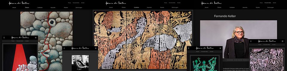 Collage de webdesign pour Fernando Keller - représentation de haute qualité des peintures de l'artiste bâlois dans un langage visuel élégant, réalisé par Bluesun.