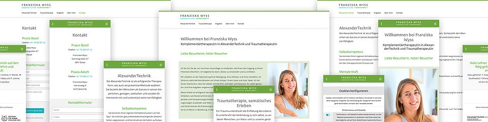 Collage de webdesign pour Franziska Wyss - site web moderne et réduit pour un travail corporel holistique, réalisé par Bluesun en mettant l'accent sur la durabilité et la convivialité.