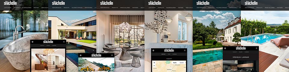 Collage de captures d'écran du site web de Stächelin - site web personnalisé pour une entreprise de pierres naturelles leader dans la région des trois frontières, réalisé par Bluesun.
