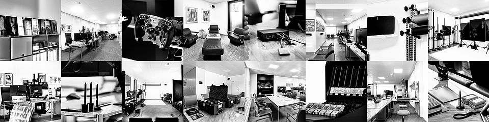 Aufnahme mit Arbeitsplätzen, Fineart-Equipment, Bildbearbeitungsstationen und Fotostudio im Bluesun Atelier.