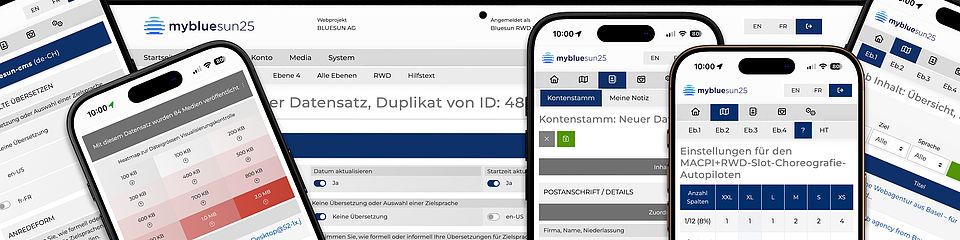 Das CMS mybluesun zeigt eine übersichtliche Oberfläche mit klar strukturierten Inhalten – entwickelt in der Schweiz.