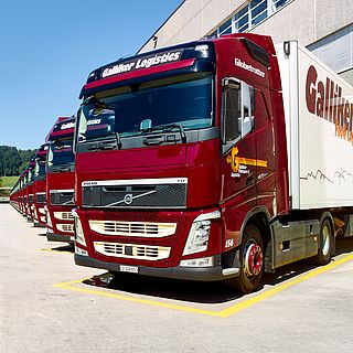 Galliker truck fleet at company headquarters, captured by Bluesun for Galliker Transport AG – Swiss corporate photography.