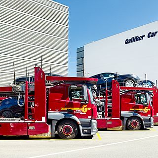 Galliker car transport trucks at Galliker Car Logistics, photographed by Bluesun for Galliker Transport AG.