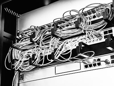 Close-up of a professional network rack with neatly managed cables – a key component for Bluesun’s flexible and location-independent working environment.