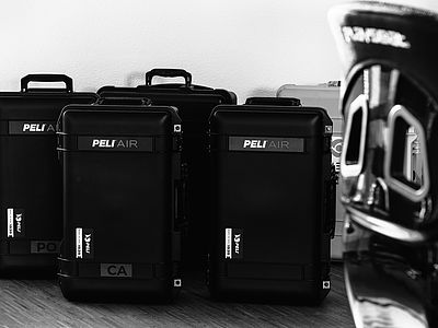 Three rugged Peli Air 1535 cases, packed and ready for the next assignment. Our mobile studio for professional photography on location.