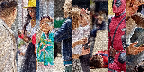 Portraits de personnes dans des situations quotidiennes - estivales, urbaines, stylisées comme une peinture à l'huile. Photographié et édité par l'équipe photo de Bluesun en été 2024
